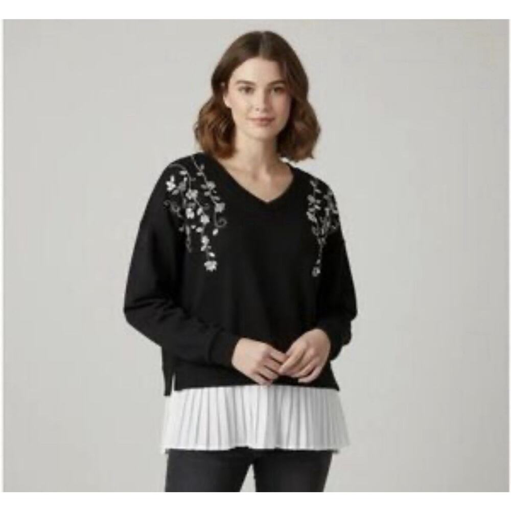 Calligraphie Women's Sweater Embellished Crewneck Size Small Black White‎